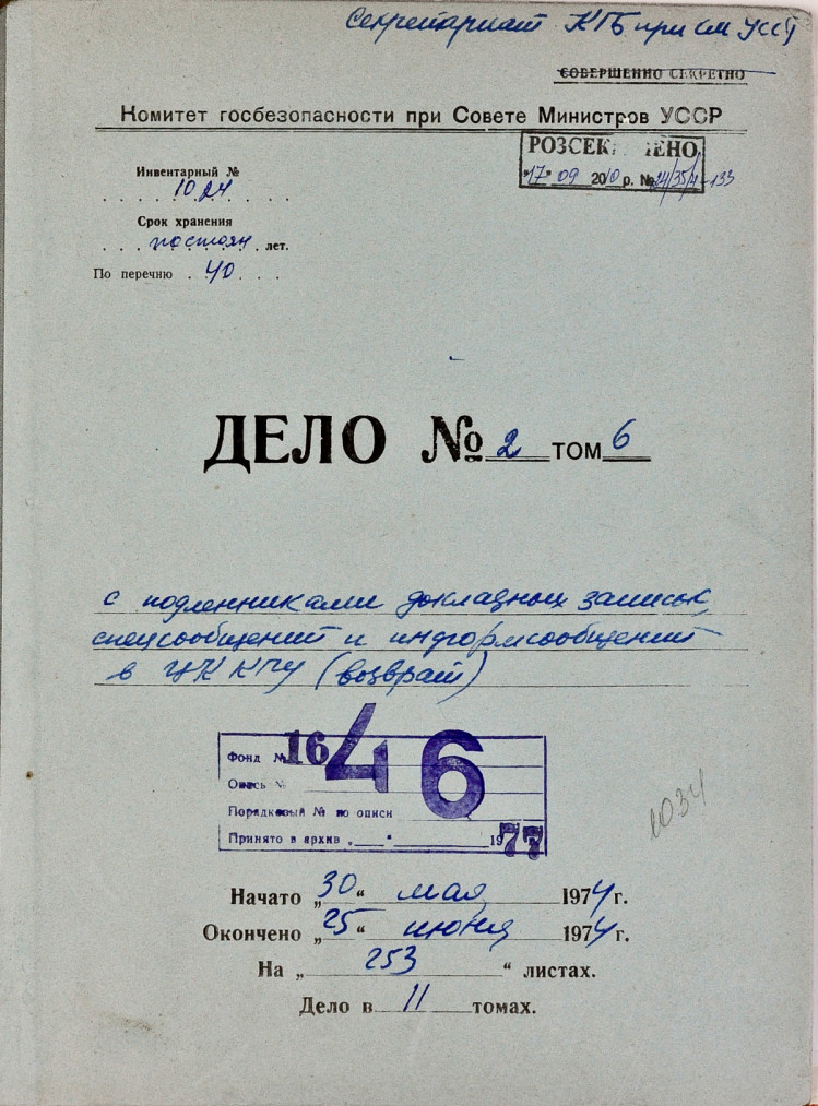 Подборка докладных записок и спецсообщений КГБ к высшему партийному руководству Украины в 1974 году